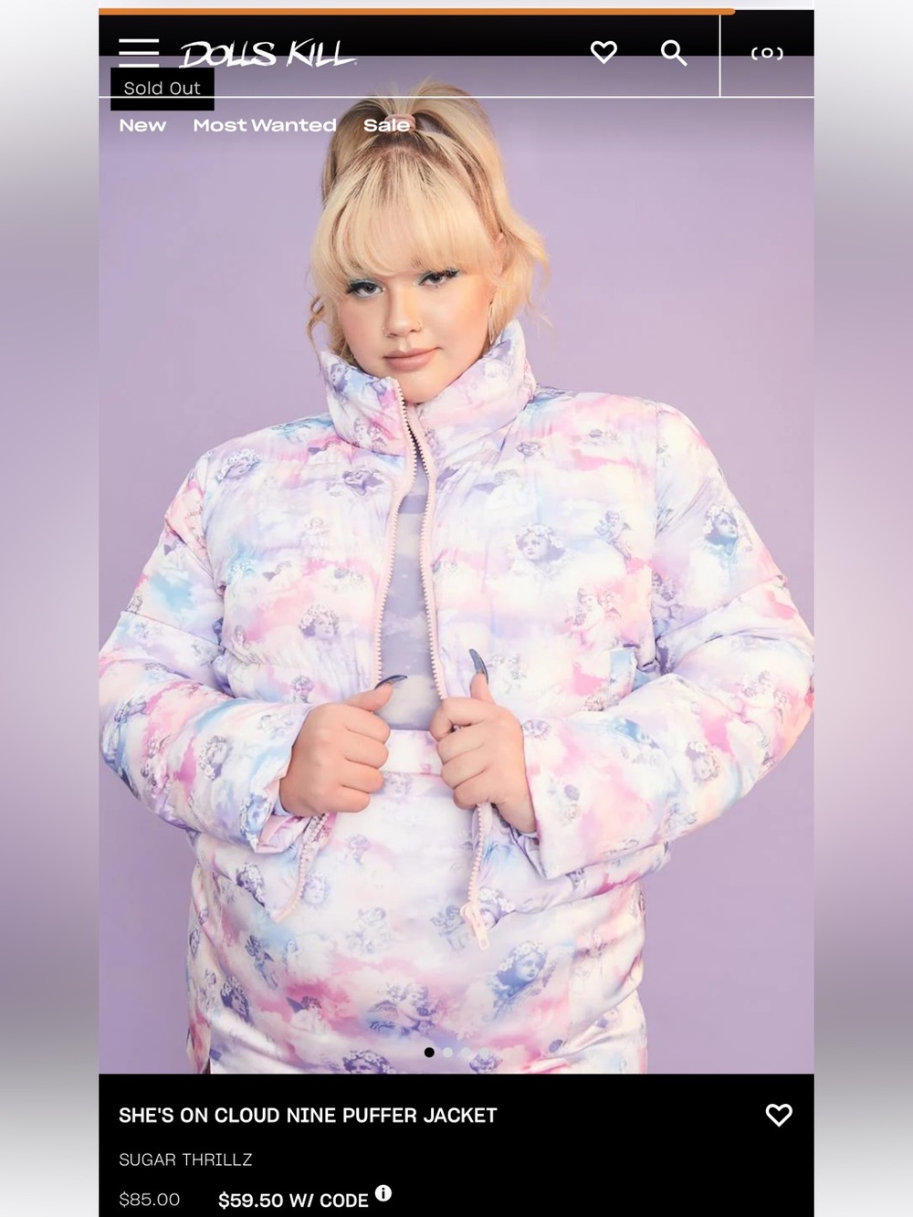 Sugar Thrillz Pastel Pink & Lavender Cloud Print Puffer Jacket